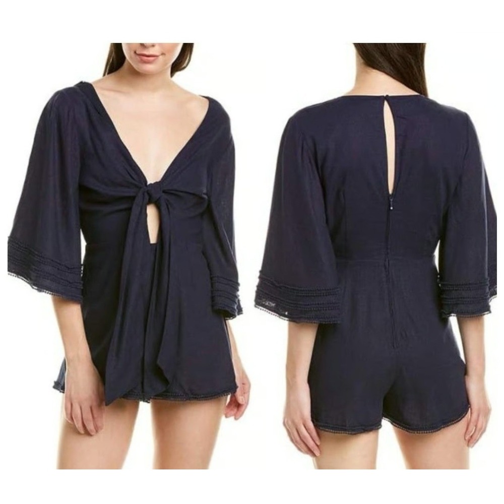Finders Keepers Limoncello Tie Front Romper Size Small/6 Navy Blue Linen‎ Blend